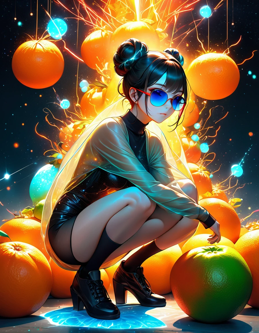 Ethereal being, loose bun, bioluminescent see-through attire, sunglasses, full-body stance, low squatting perspective, emitting moody constellation of hues including brown, red, orange, lime, yellow, cyan, surrounded by tempest of luxurious light, boom of oranges and reds, sparks, digital painting, ultra-realistic, dramatic lighting