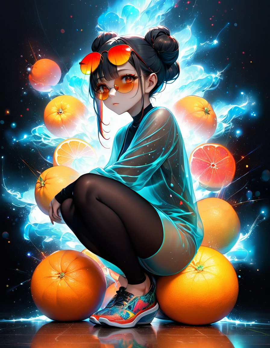 Ethereal being, loose bun, bioluminescent see-through attire, sunglasses, full-body stance, low squatting perspective, emitting moody constellation of hues including brown, red, orange, lime, yellow, cyan, surrounded by tempest of luxurious light, boom of oranges and reds, sparks, digital painting, ultra-realistic, dramatic lighting