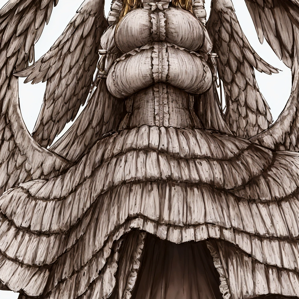 sitting,wariza,{full body},looking down from below,{foot focus},dynamic angle, dynamic cut,naughty smile,macrophilia,{white wings},{angel},{muscle},{very curvy},{gigantic breasts},very tall woman,very big woman,gigantic woman,{long legs},{two side up},blonde hair,brown skin,barefoot,cute dress shirt frills ribbon split corset skirt,best quality,solo,white background