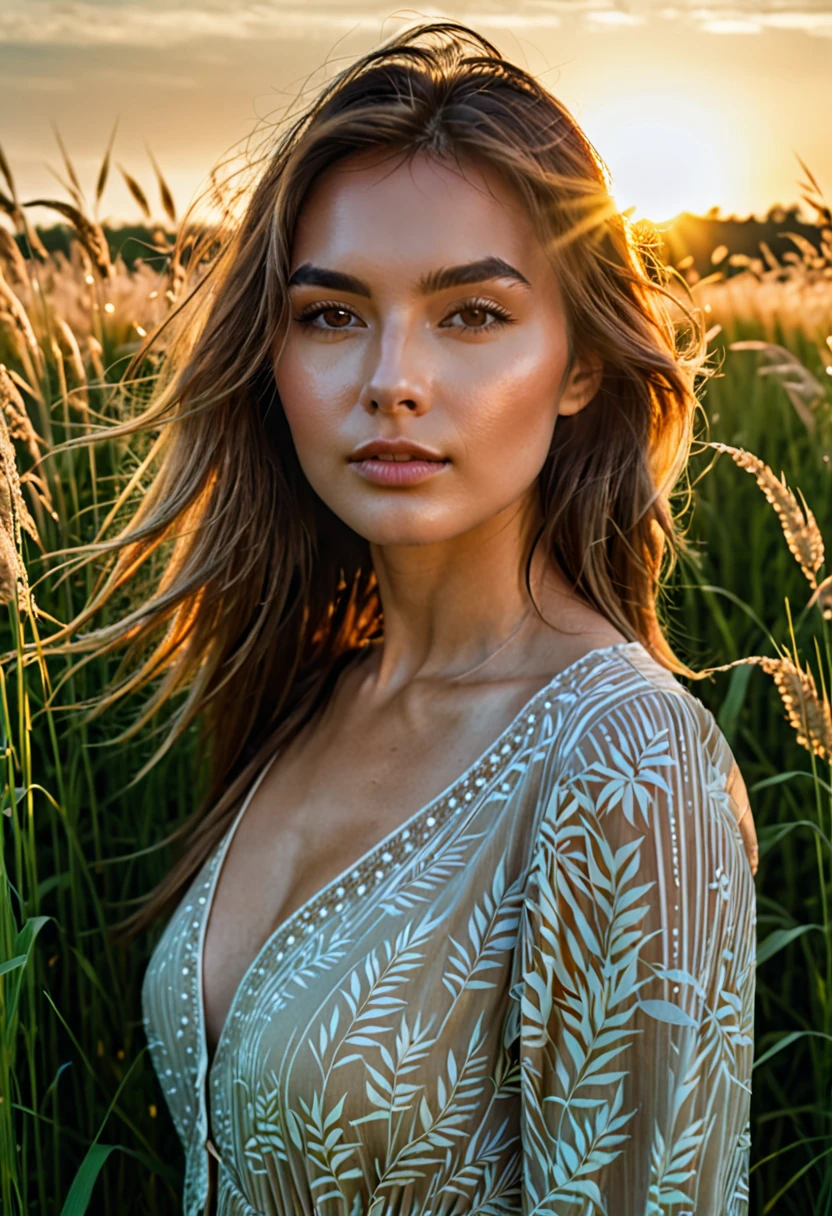 a woman standing in a field of tall grass with the sun setting, gorgeous woman, cinematic beautiful natural skin, attractive woman, attractive girl, photo of a beautiful woman, gorgeous attractive face, extremely beautiful face, in a field, beautiful female model, portrait of a beautiful model, soft portrait shot 8 k, beautiful delicate face, a beautiful young woman, attractive beautiful face
