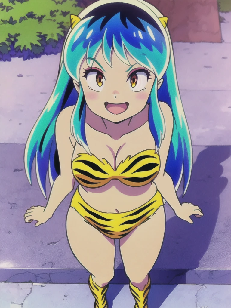 (masterpiece, high quality, 16k anime quality, anime style, retro art style, clean brush strokes, very detailed, perfect anatomy), (front view, from above), little girl, solo, (Ram), (beautiful eye details), yellow eyes, (multi-colored hair, aqua blue hair, long hair, thick unevenly parted bangs), open mouth, smiling, cowboy shot, collarbone, (bikini, leopard print), (dancing, fluttering, looking forward), looking at viewer, (park background, on a bench),