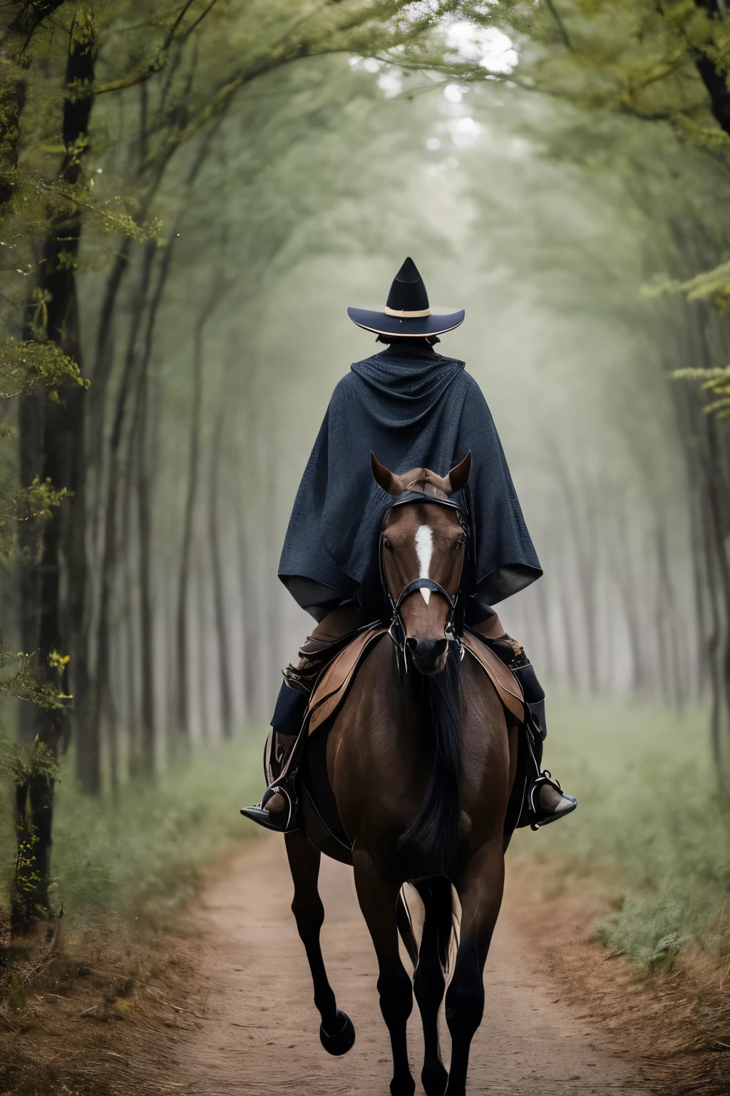 a man wearing wizard attire, riding a dark brown horse, walking in a forest, Ao anoitecer,