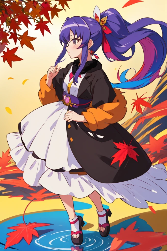 ultra detailed, sharp focus, best quality, masterpiece, colorful,  hikawaIona, long hair, wide ponytail, hair ornament, warm coat, dress, earrings, parted lips, autumn, colorful leafs, full body shot best quality, masterpiece, intricate details