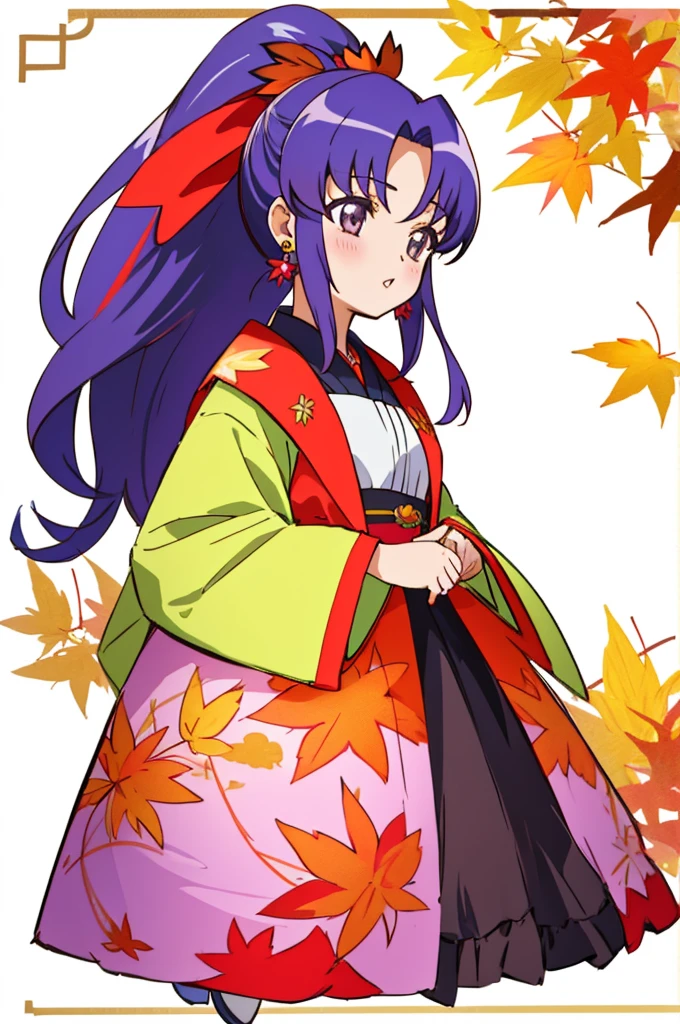 ultra detailed, sharp focus, best quality, masterpiece, colorful,  hikawaIona, long hair, wide ponytail, hair ornament, warm coat, dress, earrings, parted lips, autumn, colorful leafs, full body shot best quality, masterpiece, intricate details