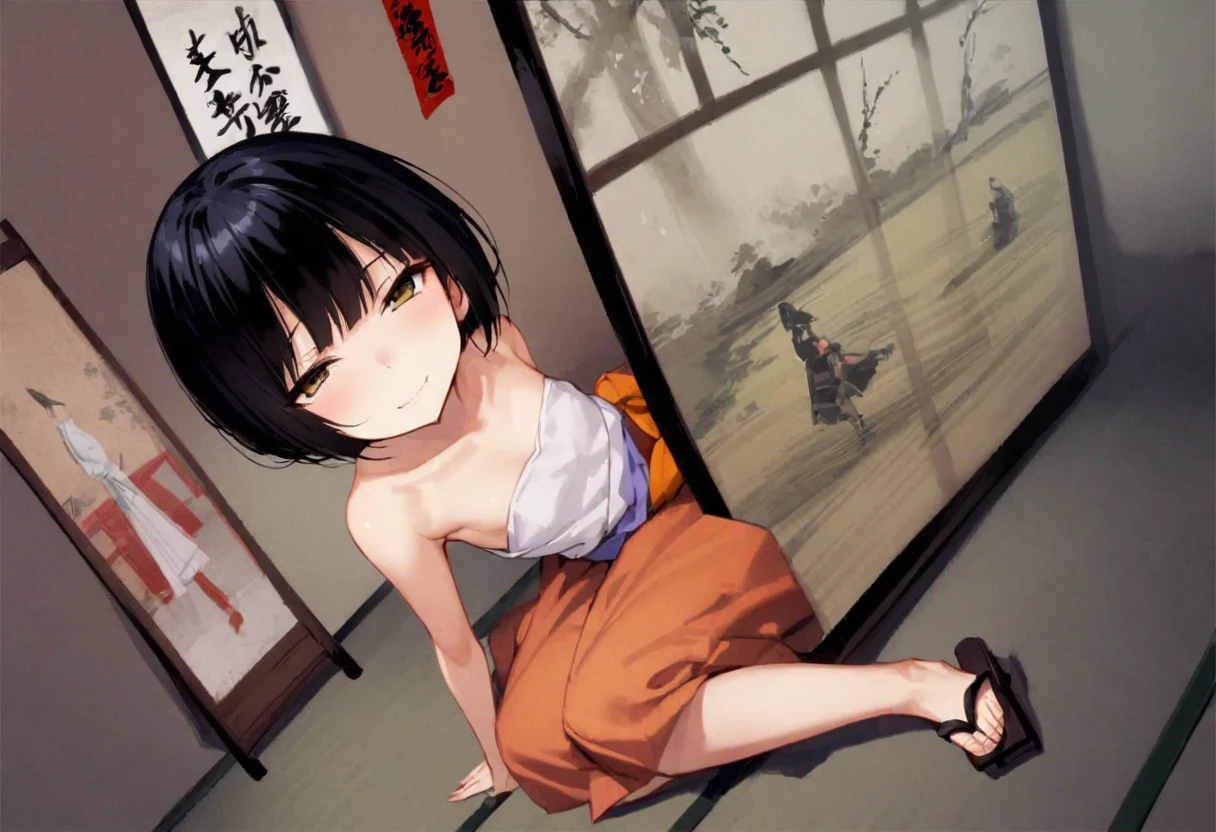 looking back at viewer、Butt、Zashiki-warashi、Japanese style、Shoji screen、tatami、Haunted House、darkness、Late Night、kimono、Bob、Girl、Girl、Younger、Baby Face、flat chest、Black Long Hair、Dynamic Angle、A faint smile、Squinting、ball、Flower Hair Ornaments、Geta or bare feet