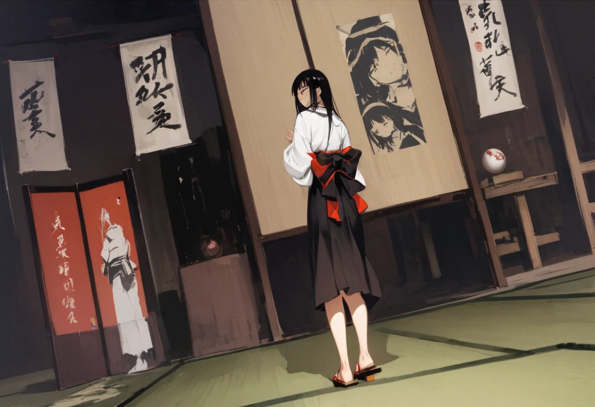looking back at viewer、Butt、Zashiki-warashi、Japanese style、Shoji screen、tatami、Haunted House、darkness、Late Night、kimono、Bob、Girl、Girl、Younger、Baby Face、flat chest、Black Long Hair、Dynamic Angle、A faint smile、Squinting、ball、Flower Hair Ornaments、Geta or bare feet
