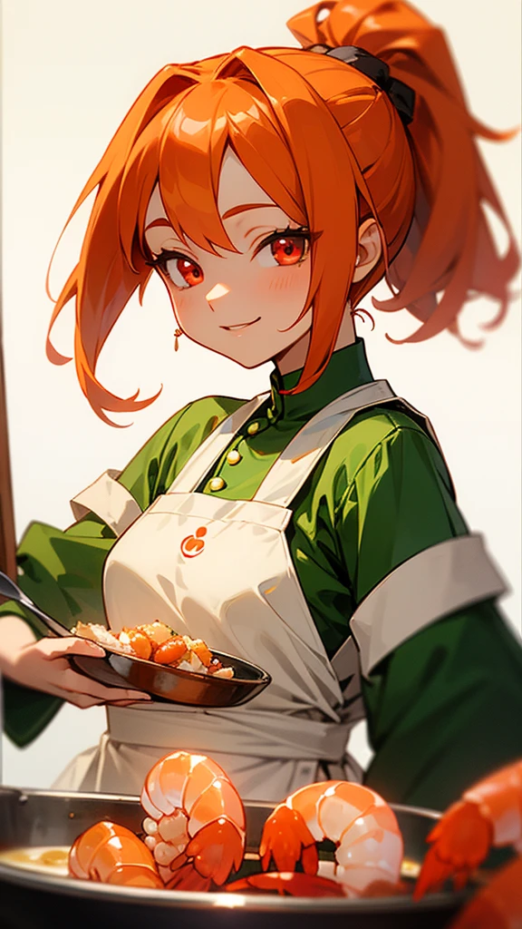 High quality anime paintings、Cute shrimp woman is cooking delicious food in the kitchen、Glowing orange hair、ponytail、Round red eyes、From the side、Tunic、apron、Wicked Smile、Upper body close-up