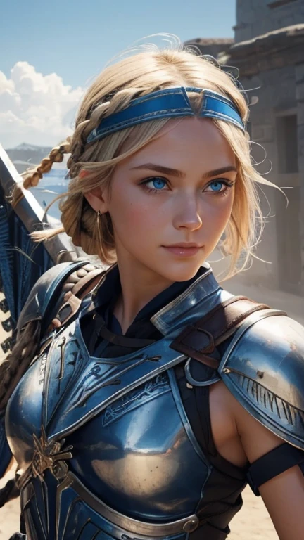slight smile, blue eyes braided hair, Looking directly at the viewer.