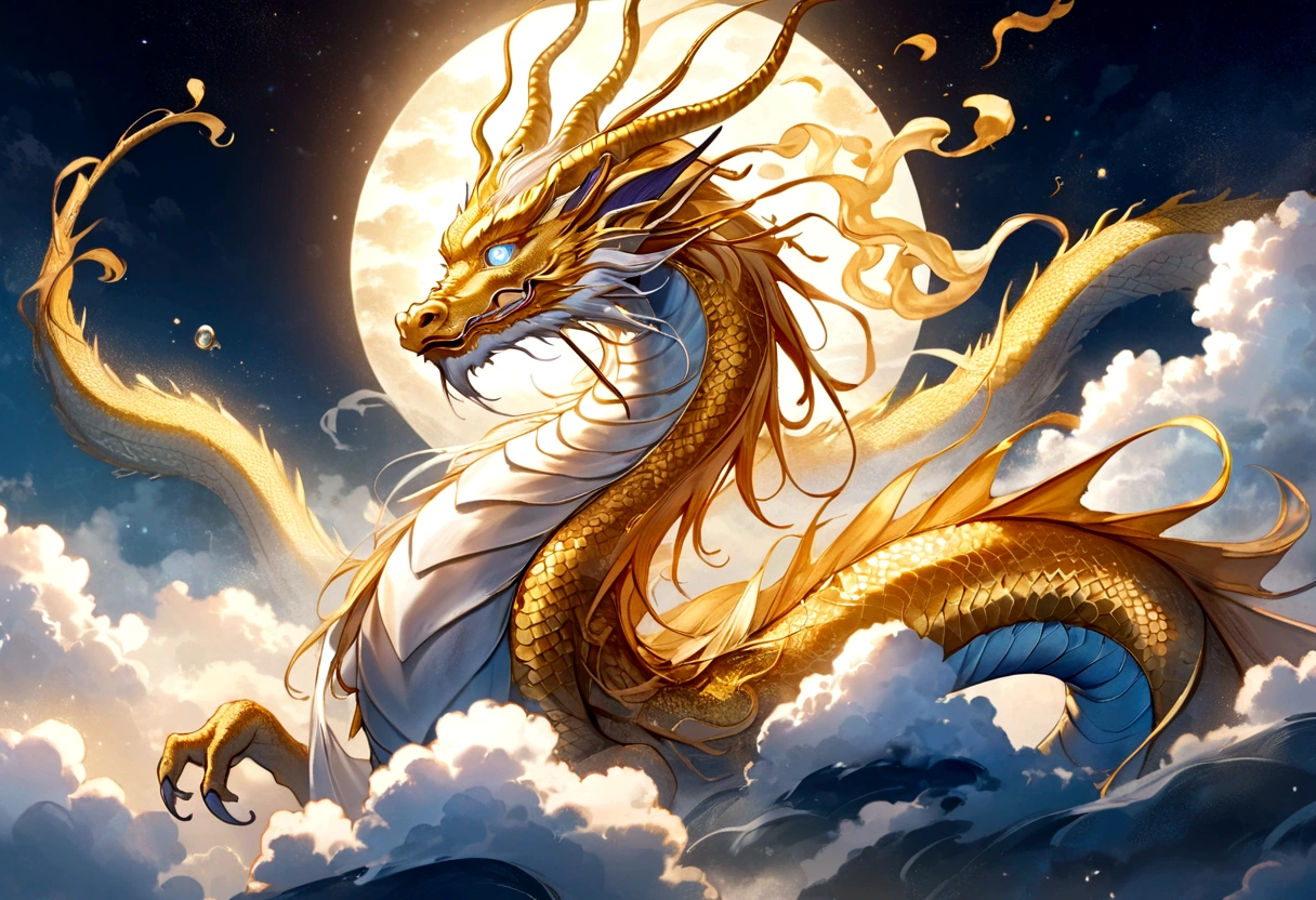 A golden dragon god, gentle gaze, fantastic background, moonlight background, sea of ​​clouds background, golden splashes, mysterious, divine light, mythical creature, traditional Chinese dragon, myth, speckled light, hazy haze, mysterious aura, masterpiece, fantastic, elegant dragon, good fortune, fantasy art