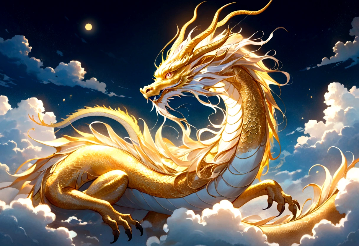 A golden dragon god, gentle gaze, fantastic background, moonlight background, sea of ​​clouds background, golden splashes, mysterious, divine light, mythical creature, traditional Chinese dragon, myth, speckled light, hazy haze, mysterious aura, masterpiece, fantastic, elegant dragon, good fortune, fantasy art