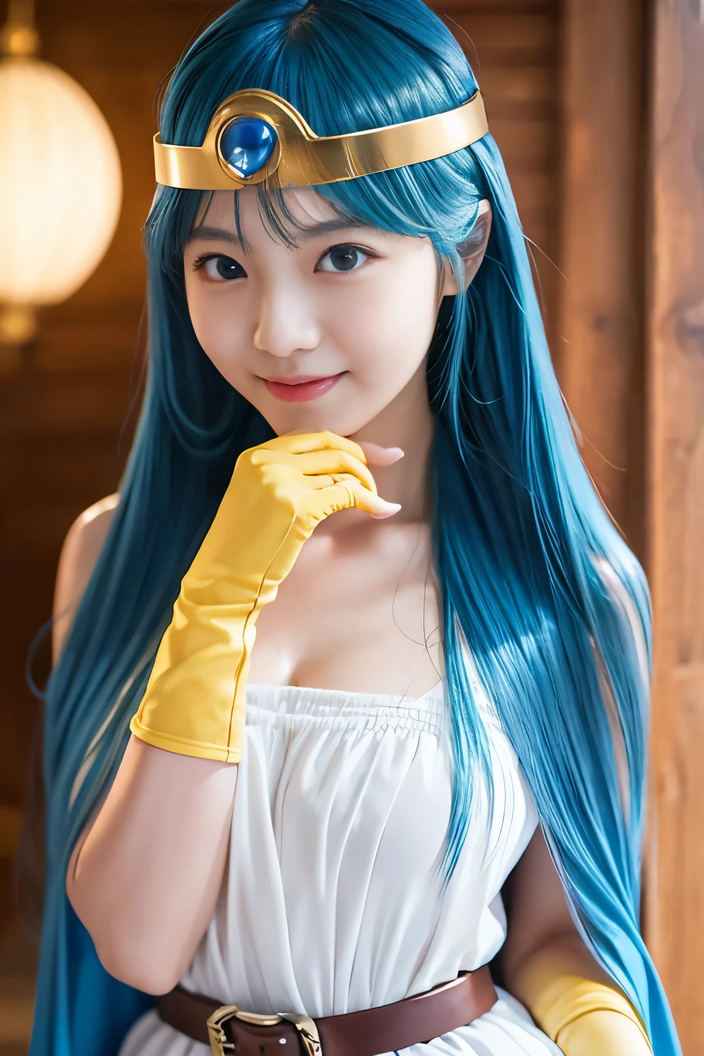 masterpiece、1 beautiful girl、Beautiful Eyes、smile、Puffy eyes、Highest quality, 超High resolution, (reality: 1.4), Cinema Lighting、Japanese、Asian Beauty、Korean、so beautiful、Beautiful Skin、Body facing forward、Face close-up、Upper body close-up,(超reality的な)、(High resolution)、(8K)、(Very detailed)、(美しくBeautiful Eyes)、(Very detailedな)、 (wall-)、Detailed face、Bright lighting、Professional Lighting、Looking at the audience、Look straight ahead、Diagonal bangs、Bright light Blue Hair、Nogizaka idol、18-year-old、masterpiece, Highest quality, Very detailedな, shape, Sage_(dq3),Long Hair, Blue Hair, Circlet, Red eyes,Small breasts, Yellow gloves, White Dress, belt, Cape, boots,