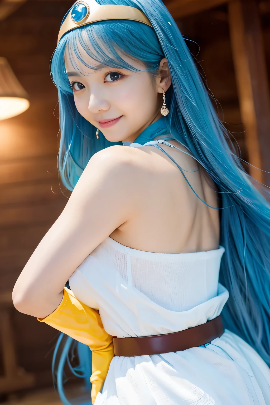 masterpiece、1 beautiful girl、Beautiful Eyes、smile、Puffy eyes、Highest quality, 超High resolution, (reality: 1.4), Cinema Lighting、Japanese、Asian Beauty、Korean、so beautiful、Beautiful Skin、Body facing forward、Face close-up、Upper body close-up,(超reality的な)、(High resolution)、(8K)、(Very detailed)、(美しくBeautiful Eyes)、(Very detailedな)、 (wall-)、Detailed face、Bright lighting、Professional Lighting、Looking at the audience、Look straight ahead、Diagonal bangs、Bright light Blue Hair、Nogizaka idol、18-year-old、masterpiece, Highest quality, Very detailedな, shape, Sage_(dq3),Long Hair, Blue Hair, Circlet, Red eyes,Small breasts, Yellow gloves, White Dress, belt, Cape, boots,