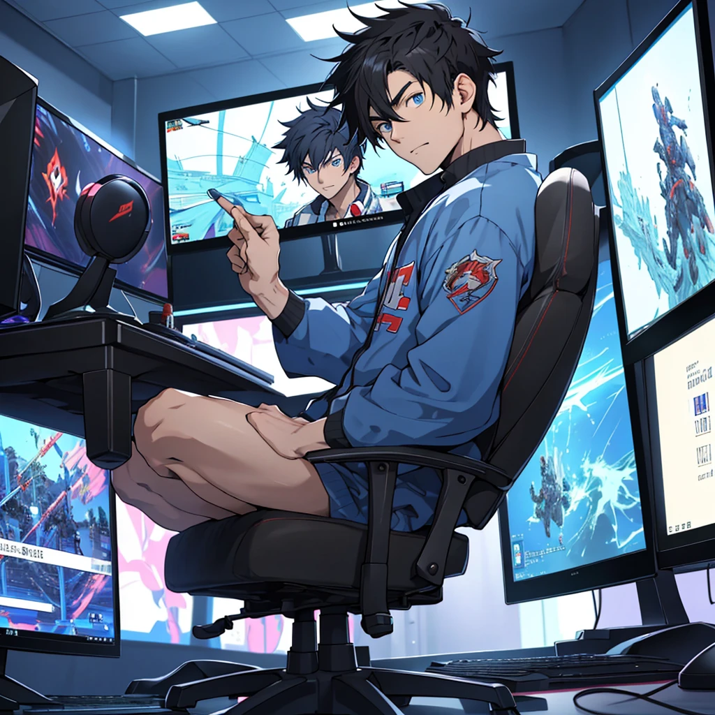 Best quality: 1.0), (Super High Resolution: 1.0), Anime boy, short black hair, blue eyes, sitting in front of computer playing games, background in esports room,