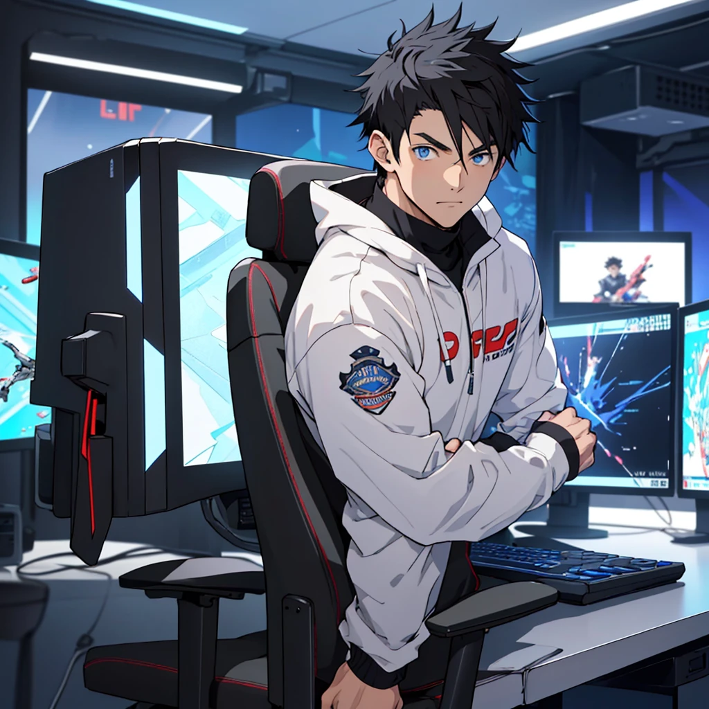 Best quality: 1.0), (Super High Resolution: 1.0), Anime boy, short black hair, blue eyes, sitting in front of computer playing games, background in esports room,
