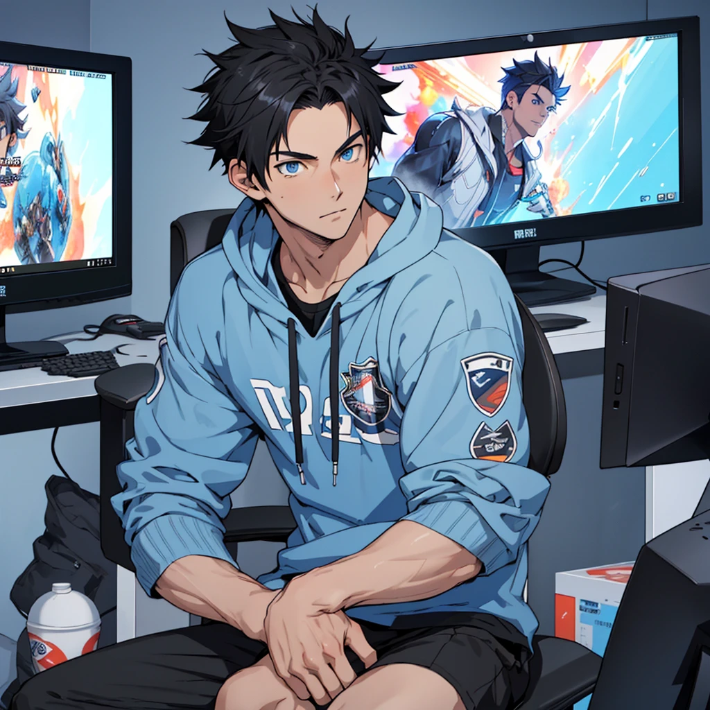 Best quality: 1.0), (Super High Resolution: 1.0), Anime boy, short black hair, blue eyes, sitting in front of computer playing games, background in esports room,
