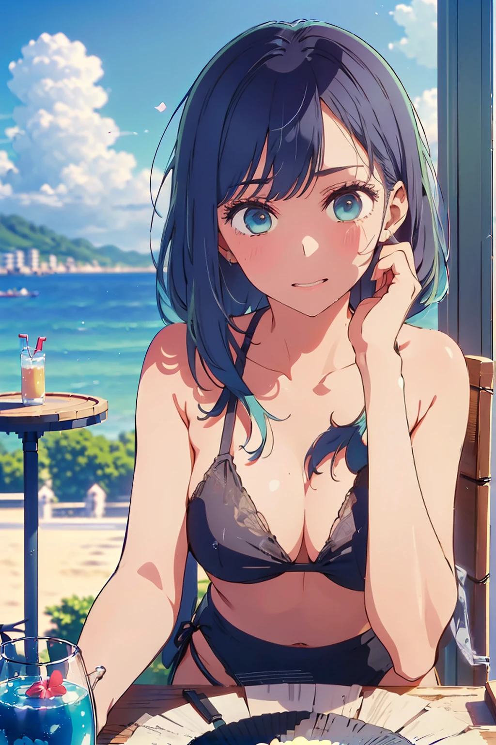 (Highest quality:1.4、masterpiece:1.4、Super detailed:1.4、8K:1.4)、F cup bust、Big Breasts、Slim body、((((1 person、Surprised expression、sit、Chair、In the background are the urban buildings of Tokyo、looking at the camera、Outdoor café terrace、coastal、Navy hair color、juice、Shooting up close、table、Very cute face))))、(Pose of putting hair behind ears with hands:1.4、Cheek resting on hand:1.4）、((nude、Areola、bikini size too small))、Seamless see-through top、Very blue sky、A completely cloudless sky、Big eyes、(Shallow depth of field:1.4)