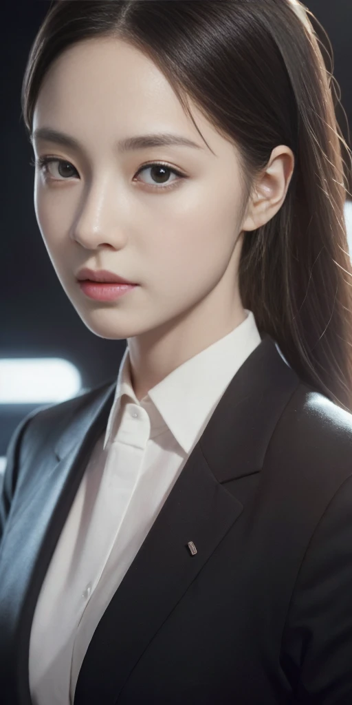 (1girl:1.3), solo, __body parts__ delicate and realistic skin, pale skin, big, official art, unified 16k wallpaper, ultra detail, beauty and aesthetics, beauty, masterpiece, best quality, in cyberpunk city, fantastic atmosphere, calm color palette, peaceful mood, soft shadows, flight attendant uniform, glamour