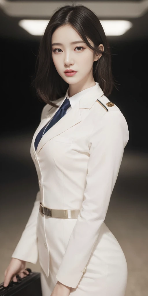 (1girl:1.3), solo, __body parts__ delicate and realistic skin, pale skin, big, official art, unified 16k wallpaper, ultra detail, beauty and aesthetics, beauty, masterpiece, best quality, in cyberpunk city, fantastic atmosphere, calm color palette, peaceful mood, soft shadows, flight attendant uniform, glamour