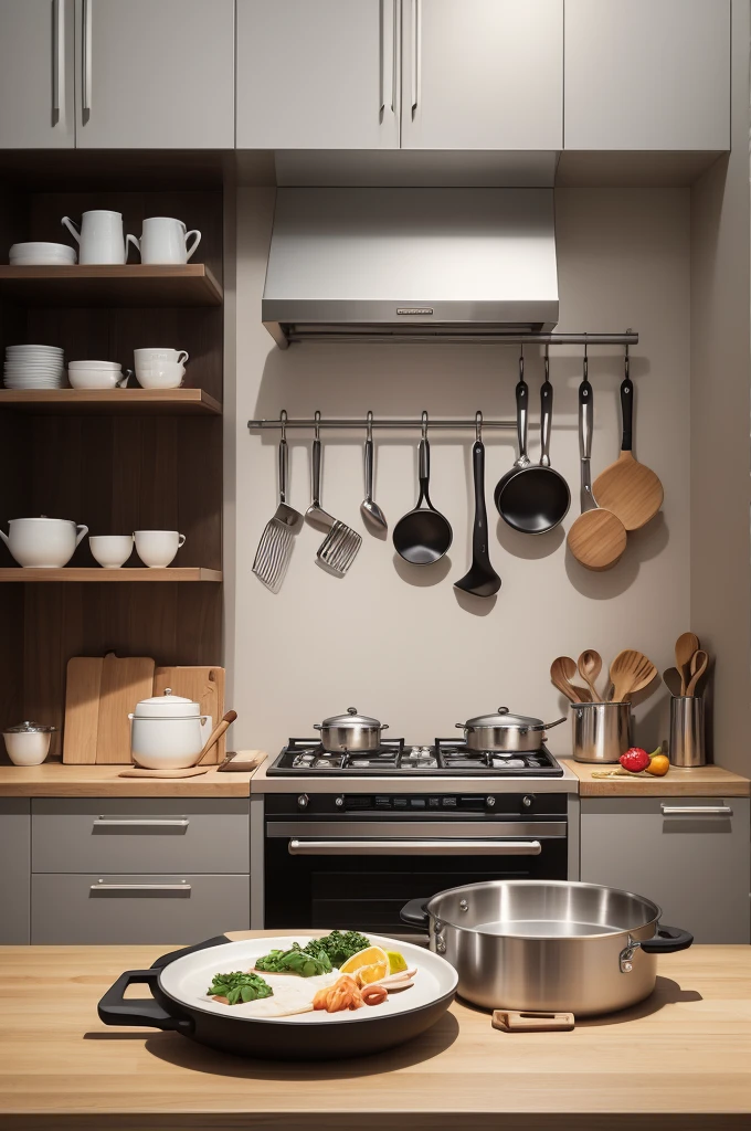 “Create an image of a premium cookware kit with a modern kitchen background and a 45% discount stamp% that I&#39;m selling 