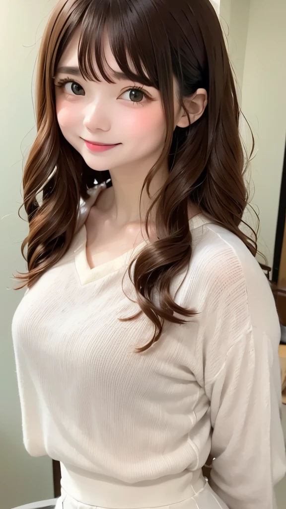 blush a little and smile, (Top quality masterpiece:1.2) Delicate illustrations, Very detailed, /Beautiful woman in her 30s Japan、1 person,Very cute and slim、Great style 、((8K images、super high quality))、Very delicate face, Skin and Hair、beautifule forehead、Red lipstick、Long Hair,(((((Shortcuts、Gradient Hair、Brown Hair))))),Very cute Japanese cut face、Eyes and nose are clearly visible、Kind eyes,(((White blouse、Tight Skirt))), 