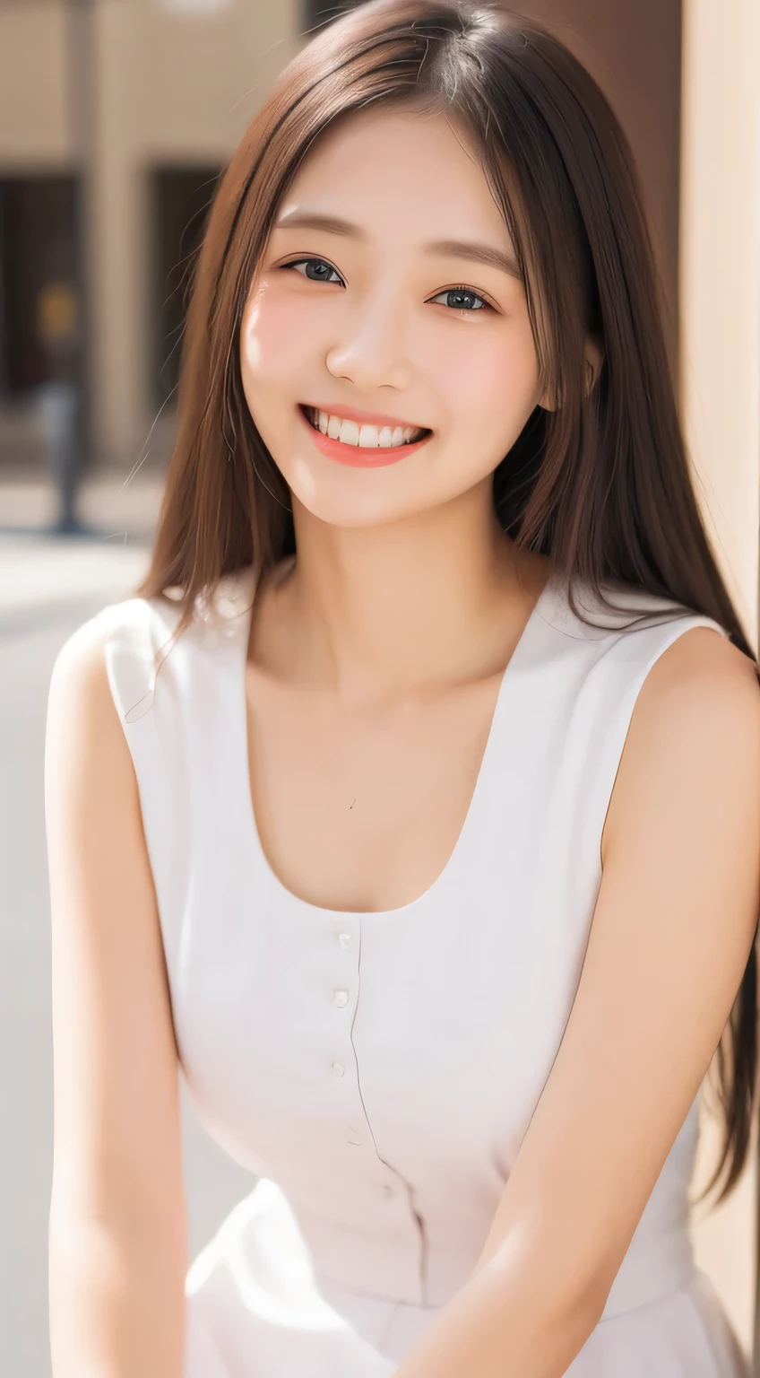 ((Best quality, 8k, Masterpiece :1.3)), 1girl, smiling, full body, slim face, Pretty woman, (Dark brown hair), full length dress :1.1, Ultra-detailed face, Detailed eyes, Double eyelid, blur background, slim face, city, outside, street,