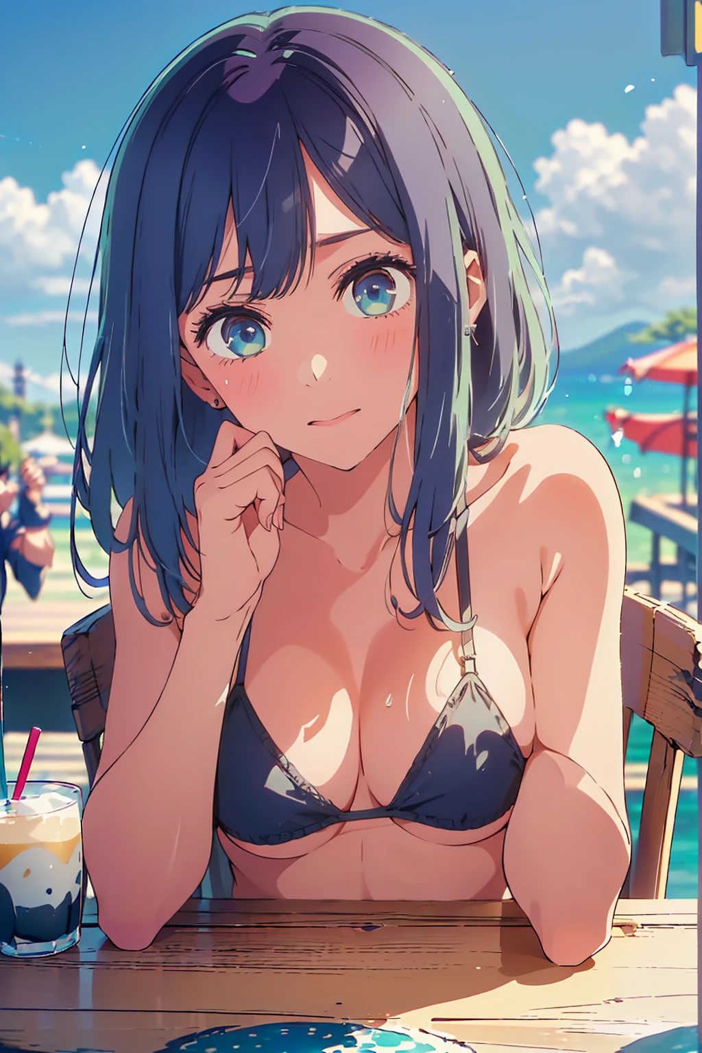 (Highest quality:1.4、masterpiece:1.4、Super detailed:1.4、8K:1.4)、F cup bust、Big Breasts、Slim body、((((1 person、Surprised expression、sit、Chair、In the background are the urban buildings of Tokyo、looking at the camera、Outdoor café terrace、coastal、Navy hair color、juice、Shooting up close、table、Very cute face))))、(Pose of putting hair behind ears with hands:1.4、Cheek resting on hand:1.4）、((nude、Areola、bikini size too small))、Seamless see-through top、Very blue sky、A completely cloudless sky、Big eyes、((((Shallow depth of field))))