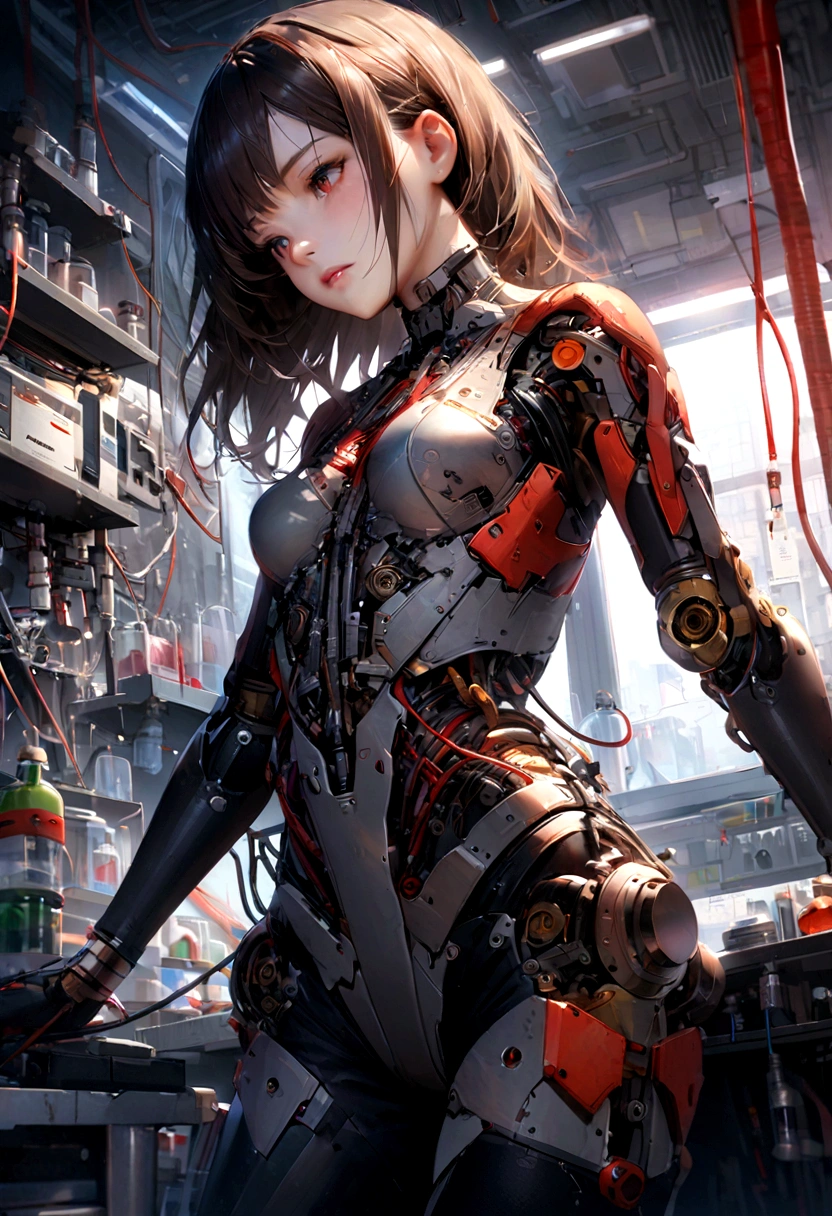 "Create a highly detailed, realistic image of a thai girl cyborg 22year old being disassembled in a laboratory. The cyborg should have various wires and metal joints visible, with numerous cables connected to it. Red oil should be leaking from its joints. The setting should be a cluttered lab filled with scientific equipment and tools, emphasizing the mechanical and high-tech aspects of the scene."