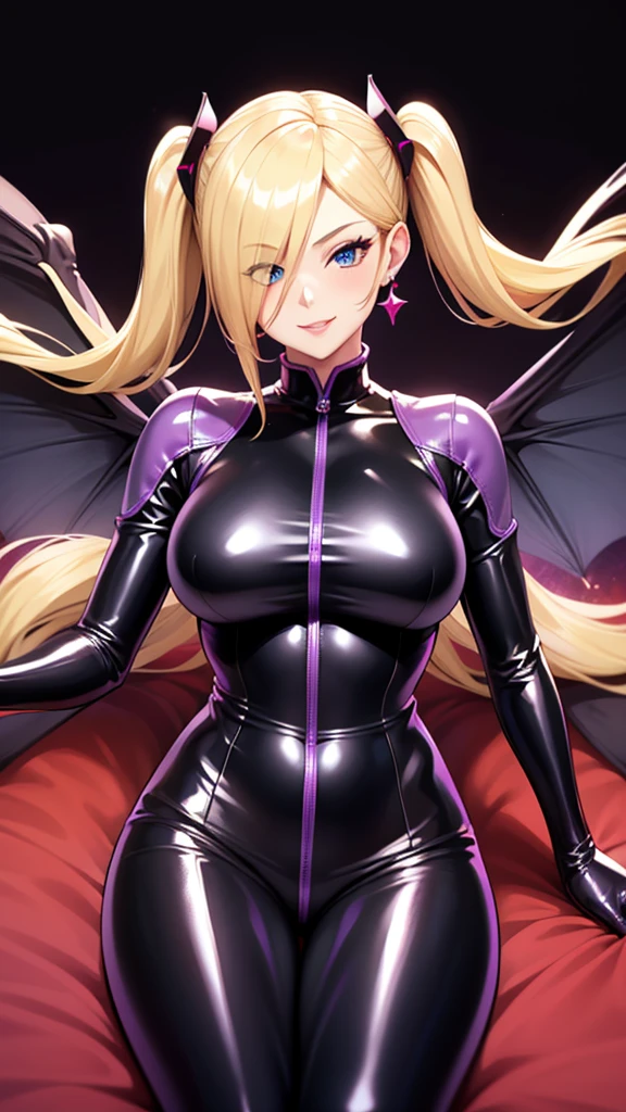 Erotic Tall busty blonde with twin tails, mature married woman, female executive in shiny purple rubber suit, red heart on black background, bedroom, dark theme, evil, temptation, excitement, condescending smile, sexy pose, upper body emphasis, angle from below, bat wings, succubus