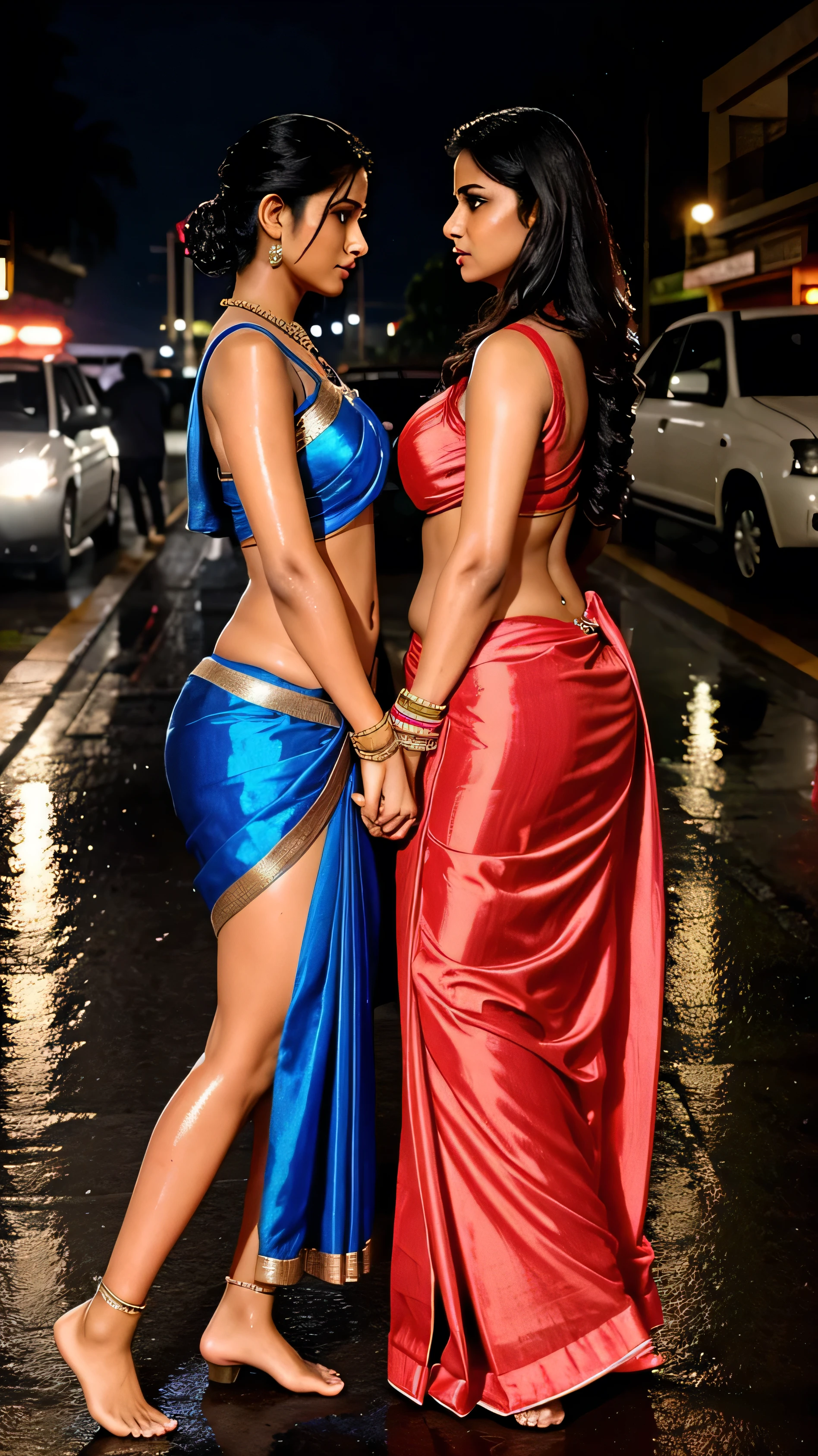two bollywood indian lesbian rivals stare each other very angrily both wearing satin saree in rain full wet bodies big ass street late nigh