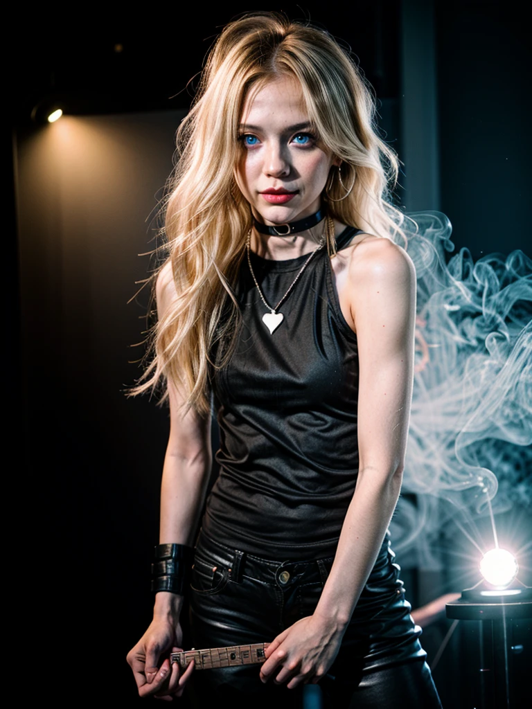 neon light,medium hair,blonde,Neon smoke, daring guy,(8k, RAW photo, best quality, masterpiece:1.2), (realistic, photo-realistic:1.4), ultra-detailed, (high detailed skin:1.2), 8k uhd, dslr, soft lighting, high quality, film grain, Fujifilm XT3, professional lighting, handsome 1man , (thin lips:1.5), masterpiece, best quality, blue eyes, blond, long hair, pale skin, (strong wide jaw:1.3), brutal,  medium long blonde hair 1boy, bangs, bishounen, black nails, black pants, black shirt, blonde hair, choker, closed mouth, collar, concert, earrings, electric guitar, feet out of frame, fishnet top, fishnets, glint, guitar, holding, holding instrument, holding microphone, instrument, jewelry, lens flare, looking at viewer, male focus, medium hair, microphone, microphone stand, music, necklace, pants, playing instrument, shirt, smile, solo, stage, stage lights, standing, thigh strap, torn clothes, torn pants, neon light