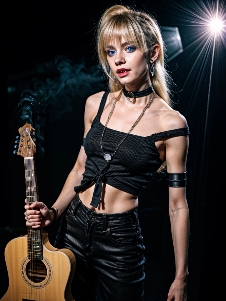neon light,medium hair,blonde,Neon smoke, daring guy,(8k, RAW photo, best quality, masterpiece:1.2), (realistic, photo-realistic:1.4), ultra-detailed, (high detailed skin:1.2), 8k uhd, dslr, soft lighting, high quality, film grain, Fujifilm XT3, professional lighting, handsome 1man , (thin lips:1.5), masterpiece, best quality, blue eyes, blond, long hair, pale skin, (strong wide jaw:1.3), brutal,  medium long blonde hair 1boy, bangs, bishounen, black nails, black pants, black shirt, blonde hair, choker, closed mouth, collar, concert, earrings, electric guitar, feet out of frame, fishnet top, fishnets, glint, guitar, holding, holding instrument, holding microphone, instrument, jewelry, lens flare, looking at viewer, male focus, medium hair, microphone, microphone stand, music, necklace, pants, playing instrument, shirt, smile, solo, stage, stage lights, standing, thigh strap, torn clothes, torn pants, neon light