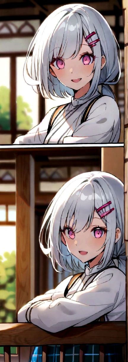 Silver short hair and bob hair、Hair tied up with a hair clip..、Pink Eyes、white blouse shirt、Tartan Check Skirt、smile、Please open your mouth wide、Upper body close-up、Sharp contours、Morning Cafe Terrace、Background blur、Written boundary depth