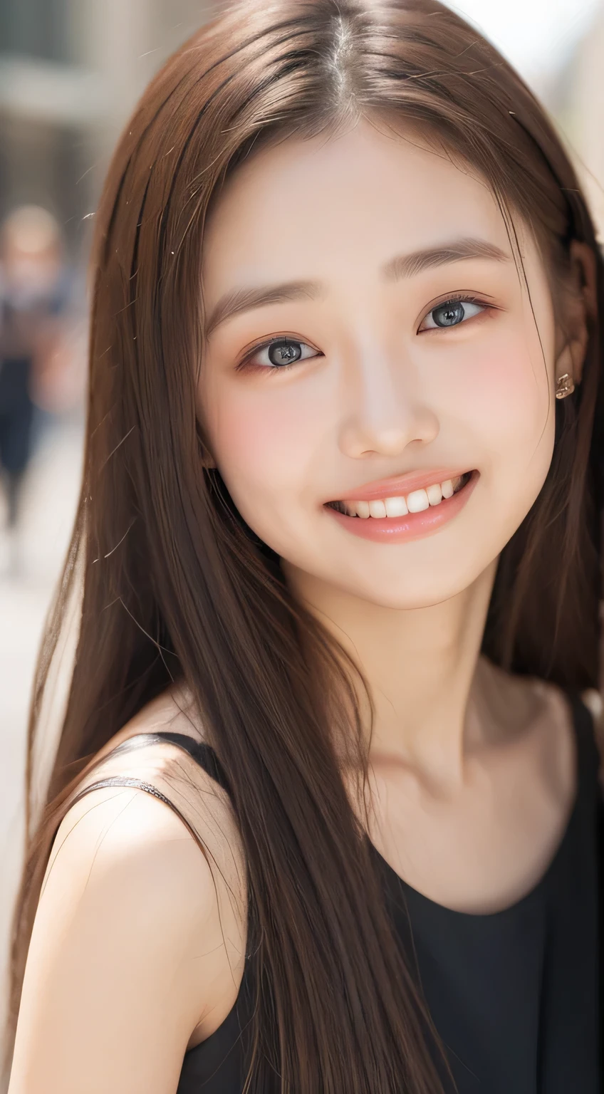 ((Best quality, 8k, Masterpiece :1.3)), 1girl, smiling, full body, slim face, Pretty woman, (Dark brown hair), full length dress :1.1, Ultra-detailed face, Detailed eyes, Double eyelid, blur background, slim face, city, outside, street,