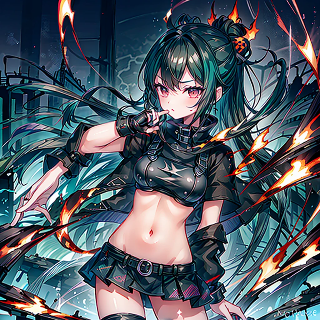 (masterpiece, Highest quality), (perfect athletic body:1.2), (Thin Hair), Very detailed, Anime Style, whole body, Cyberpunk Egg Runner Girl, Scorched black mechanical limbs, ((black purple flame fist)), Sea green two-top knot hairstyle with red eyes, Wearing a rage cape and cyberpunk outfit. Standing on the burnt ground, 8K high resolution, White Background, whole body, Overall view,