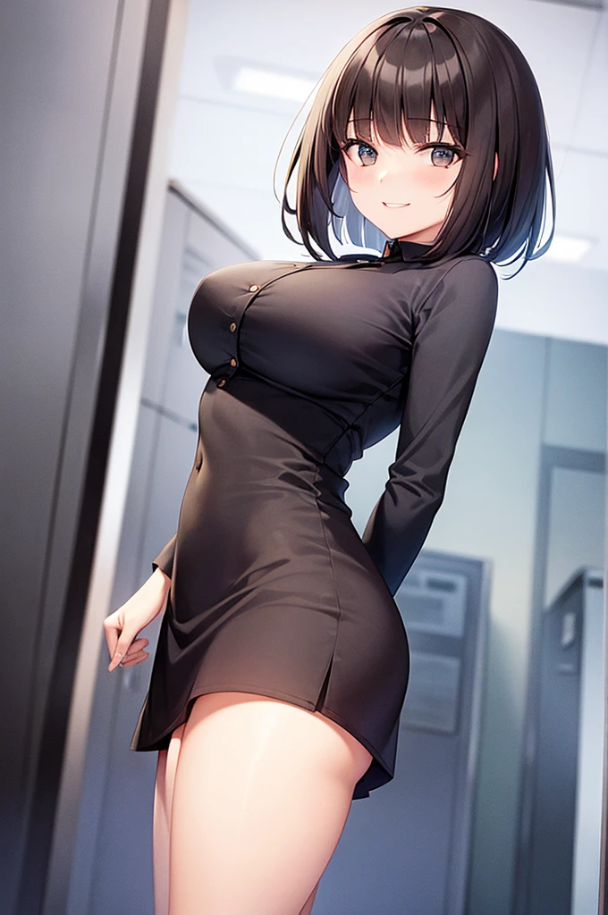 woman,smile,Bob Hair, Dark brown hair,Large Breasts,skirt,Company Office