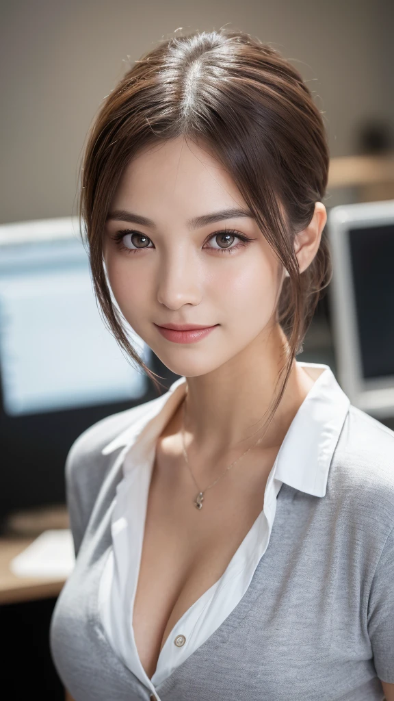 (1girl), (round eyes:1.2), (highly detailed face and eyes), smile, Amazing face and eyes, (shirt:1.3), cleavage, (Best Quality:1.4), (Ultra-detailed), (extremely detailed CG unified 8k wallpaper), Highly detailed, High-definition raw color photos, Professional Photography, Realistic portrait, Amazing face and eyes, indoors, office, (office lady, casual:1.3), (A moment of relaxation), model, depth of fields, (fine face:1.2),