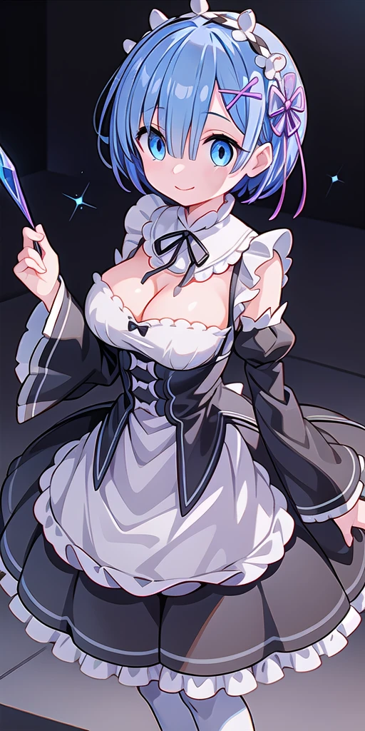 1girl,solo,full body,standing,(beautiful fingers),(masterpiece),best quality,(Ultra high definition eyes:1.2),8k,(Beautiful detailed eyes:1.2),(Fine and beautiful eyes:1.2),(pretty eyes:1.2),finely detail,extremely CG, absurdres,high resolution,illustration,Detailed and beautiful outlines,finely detail,high resolution,(colorful refraction:1.4,Increase saturation:1.2),beautiful lighting,dynamic lighting,closed room,black background,simple background, smile,looking at viewer,aarem, short hair, maid headdress, x hair ornament, hair ribbon, hair over one eye, large breasts, frills, neck ribbon, cleavage, dress, detached sleeves, white apron, waist apron, white pantyhose