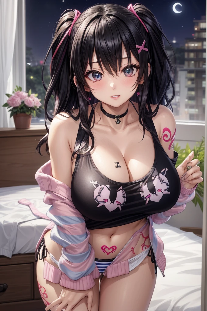 One girl, alone, Black Hair, Scene Hair, Barrette, Pink Stripes, Striped Hair, Very long hair, Off-the-shoulder shirt, indoor, Luxury Bedroom, Cute decoration, window, stuffed toy, jirai kei, Printed Tank Top, Micro Thong Lace , Thick lips, Moonlight Eyes, Layered Hair, Super huge huge chests, Cleavagderboob are visible, Sexy and seduct slutty poses, Tattoo sleeves and piercings, abdomen , Thick thighs, (anime:1.2), Blunt Bang, eye make up
