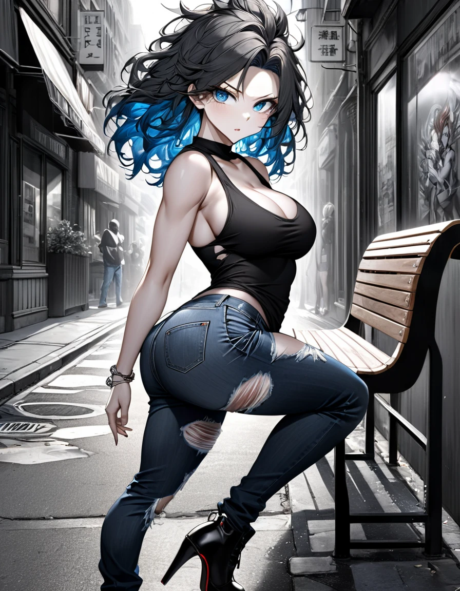 photo realism anime style Yusuke walled art Phoenix goddess Goku in fusion healed fitness sexy big tits with cropped wavy hair v-cut dress v-cut ripped jeans wearing high heels walking on a dark gloomy street scared style photo realism, fully detailed drawing in black and monochromatic bench and only the strong blue eyes 