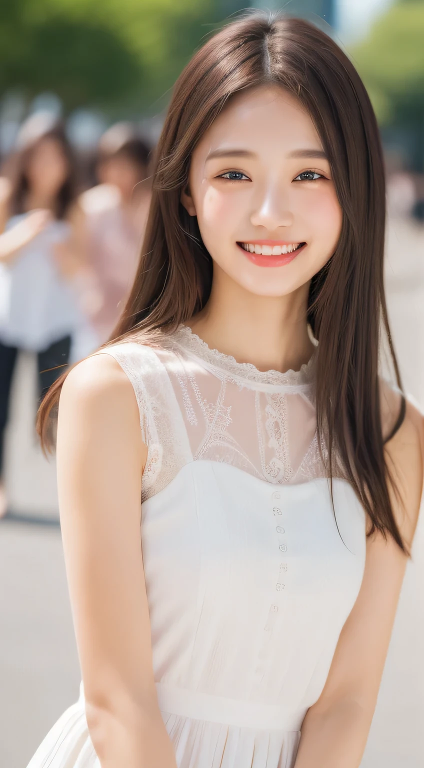 ((Best quality, 8k, Masterpiece :1.3)), 1girl, smiling, full body, slim face, Pretty woman, (Dark brown hair), full length dress :1.1, Ultra-detailed face, Detailed eyes, Double eyelid, blur background, slim face, city, outside, street,