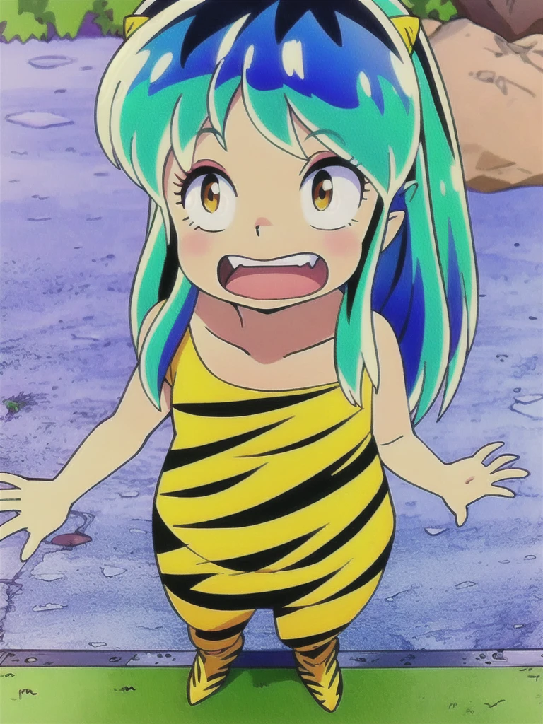 (masterpiece, high quality, 16k anime quality, anime style, retro art style, clean brush strokes, very detailed, perfect anatomy), (front view, from above), little girl, solo, (Ram), (beautiful eye details), yellow eyes, (multi-colored hair, aqua blue hair, long hair, thick unevenly parted bangs), open mouth, smiling, cowboy shot, collarbone, (children's clothing, leopard print), (dancing, fluttering, looking forward), looking at viewer, (park background, on a bench),
