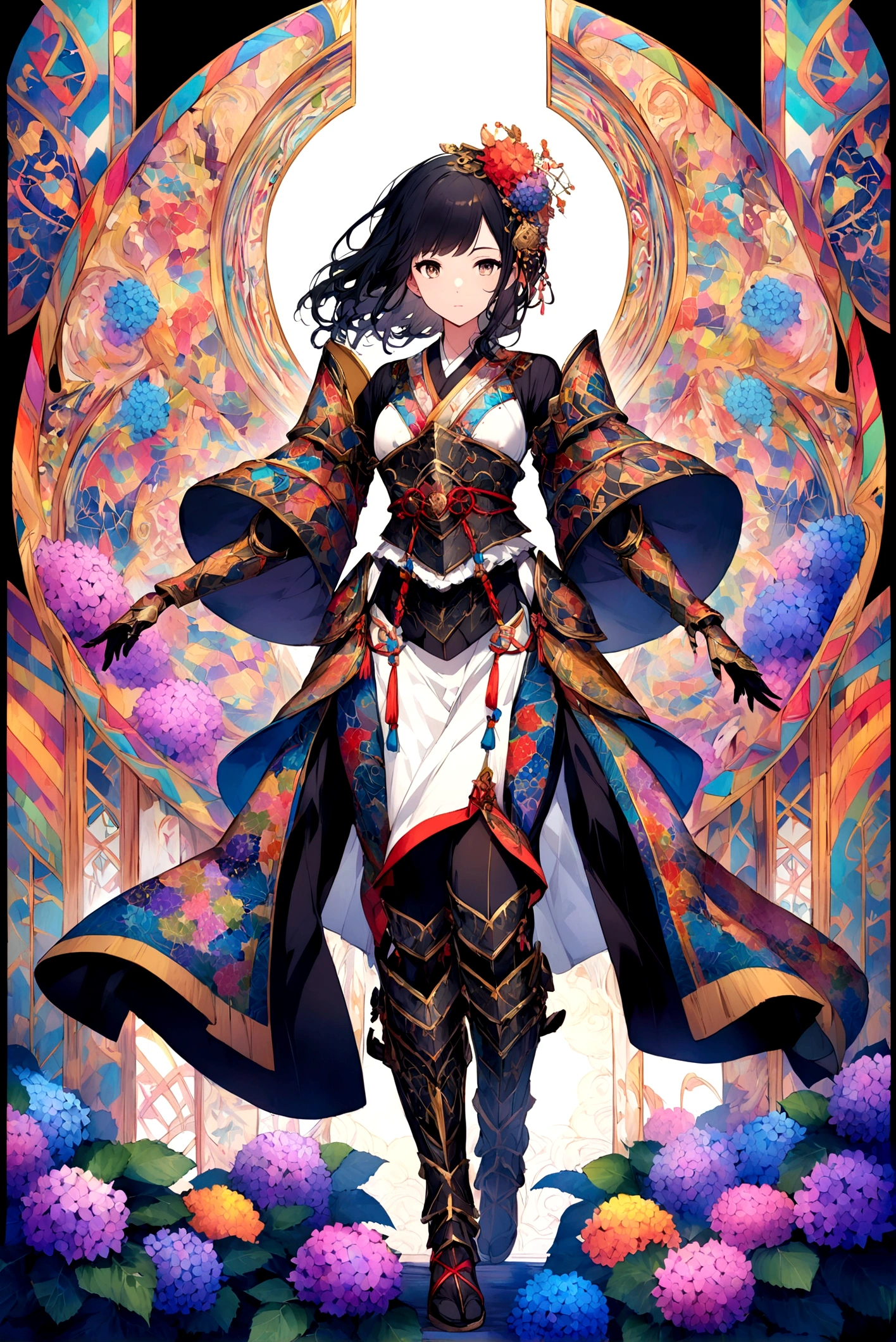 anime-style female with black hair, She is wearing traditional Japanese adorned with delicate black-and-white lace a backdrop filled with colorful patterns representing ancient symbols and hydrangea flower. The background is richly detailed with geometric shapes that add depth to their figure's presence, creating a whimsical atmosphere. The background features bold colors and intricate designs that add to the overall visual appeal. This artwork showcases vivid hues, intricate details on both attire and armor, capturing movement as she walks forward in the style of intricate details on both attire and armor, capturing movement as she walks forward.