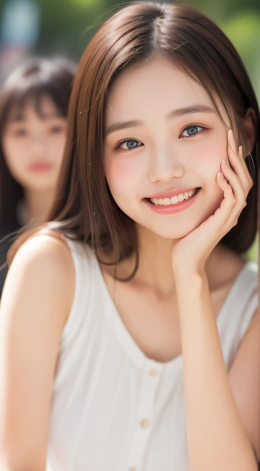 ((Best quality, 8k, Masterpiece :1.3)), 1girl, smiling, full body, slim face, Pretty woman, (Dark brown hair), full length dress :1.1, Ultra-detailed face, Detailed eyes, Double eyelid, blur background, slim face, city, outside, street,