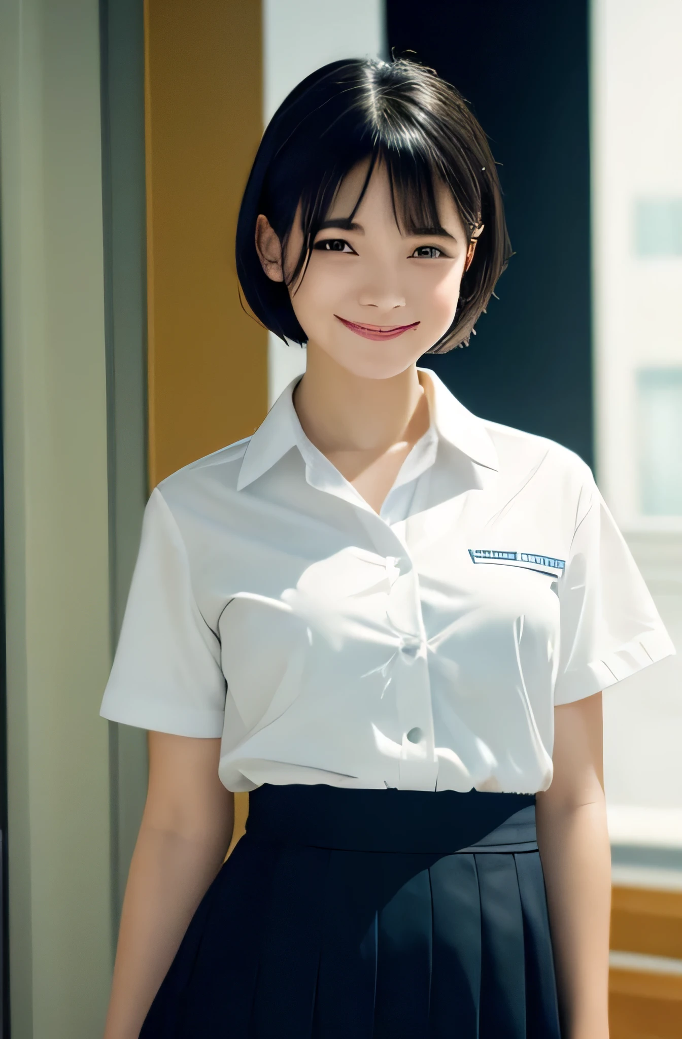 One girl,Midsummer,Hotel Reception,Down to the feet,Black Hair,short hair,Put your hair on your ears,Hotel Uniform,skirt,A big smile,Healthy Beauty,,front,Small bulging lines on the chest,Look here,transparent, Soft Light,(masterpiece, Highest quality), Structure of the film, Like a movie