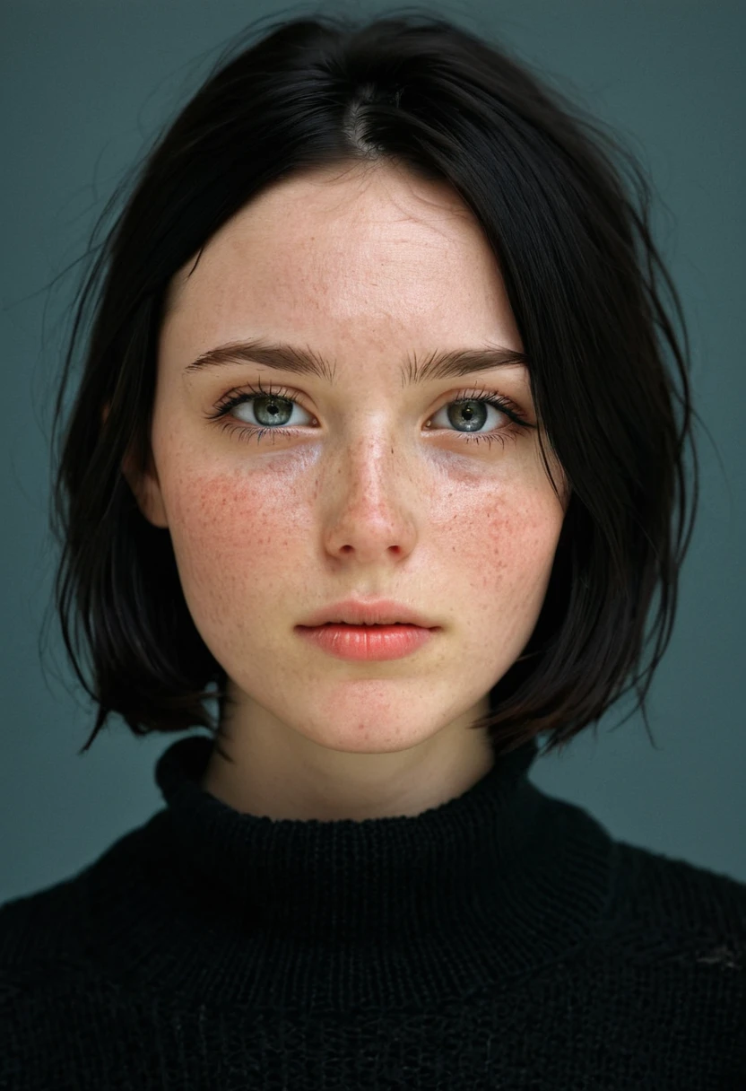 features a young individual with pale skin and dark hair cut to slightly below chin length. Their eyes are a light color, and they possess prominent freckles across the cheeks and nose. The individual is gazing directly at the viewer, exhibiting a neutral to subtly pensive expression, with their head slightly tilted. They are wearing what appears to be a dark sweater or top. The background is a solid, warm-toned, coral-like color that contrasts with the subject's dark hair and pale complexion, bringing focus to their face and expression.