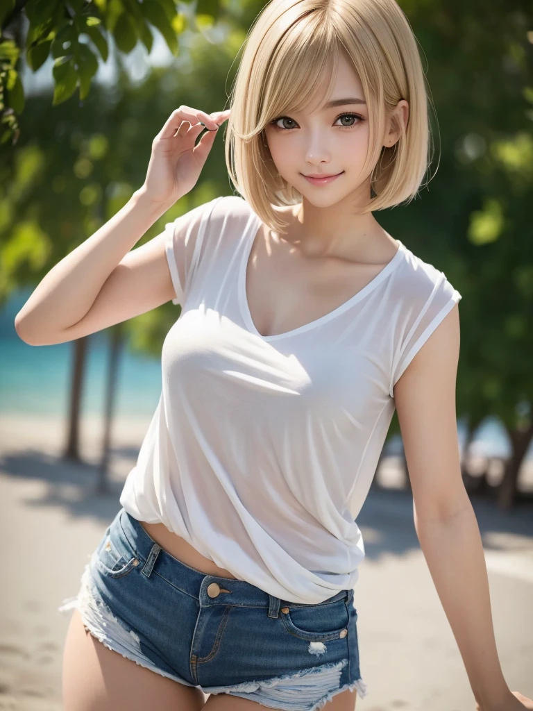 (8K, RAW Photos, Highest quality, masterpiece:1.2), (Realistic, photo-Realistic:1.4), (Highly detailed 8K wallpapers), ((Full Body Shot)), (1 girl), Sharp focus, Depth of written boundary, Cinematic lighting, Soft Light, 緻密な美しさのeye, eye_Chan, Very beautiful girl, innocent big eyes, Realistic, photo Realistic, Highly detailed cute girl, (Thin thighs), (Model Body Type), 18-year-old, (Pure white T-shirt), (Denim micro mini tight skirt), (((Fold your arms in front of your chest and act arrogantly))), ((A happy smile)), Parted lips, Watching the audience, (Waikiki Beach), (Blonde),(Medium Bob Hair), (Asymmetrical bangs)