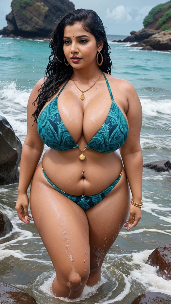 full body picture , BBW Wet curvy, wet Desi MOMMY showing her big ass in sexy sexy thong pattern bikini and showing cleavage and in nose ring, many bangles in hands,earings, necklace ,lipstick ,navel,Indian, Chubby, showing her curves in sea water, sea waves , rocks