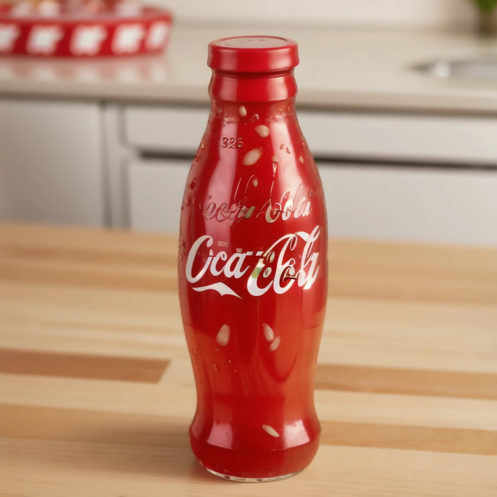 in the kitchen, on a wooden table, a coca cola jelly bottle, it shows a jelly texture, realistic texture, realistic style, detailed texture, high quality, high resolution, high quality rendering, realistic photo, brightning light, macro photo, ultra hd 4k