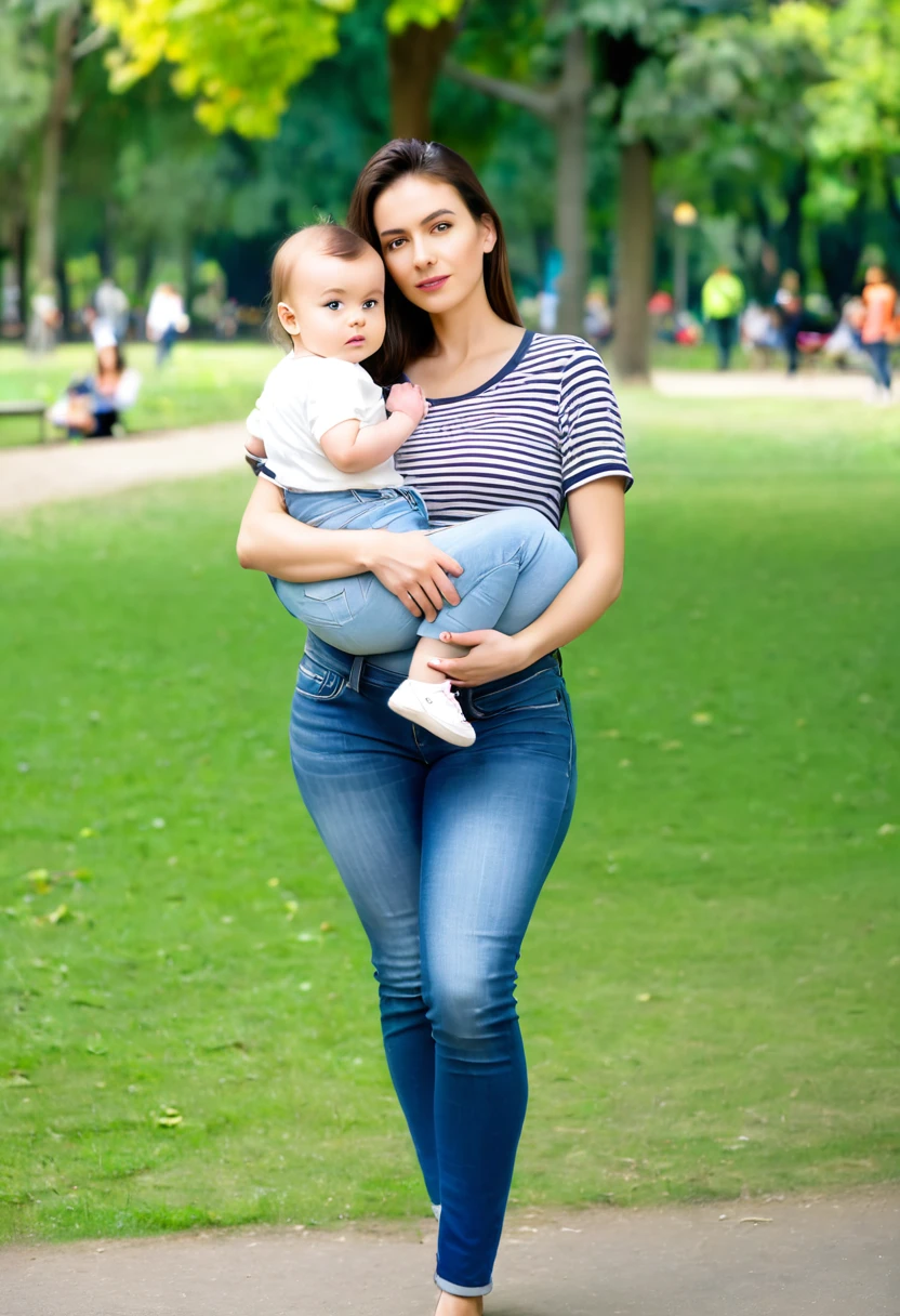 beautiful woman of 25 years old and her baby, in shirt and jeans in park, looking directly at the camera