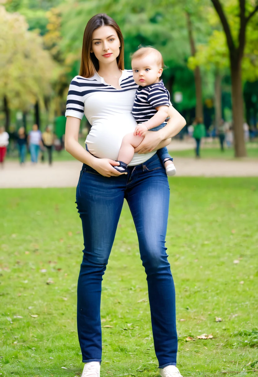 beautiful woman of 25 years old and her , in shirt and jeans in park, looking directly at the camera